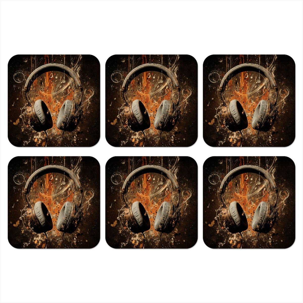 Onderzetters voor glazen - Koptelefoon - Bruin - Dynamische penseelstreken - 10x10 cm - Glasonderzetters - 6 stuks