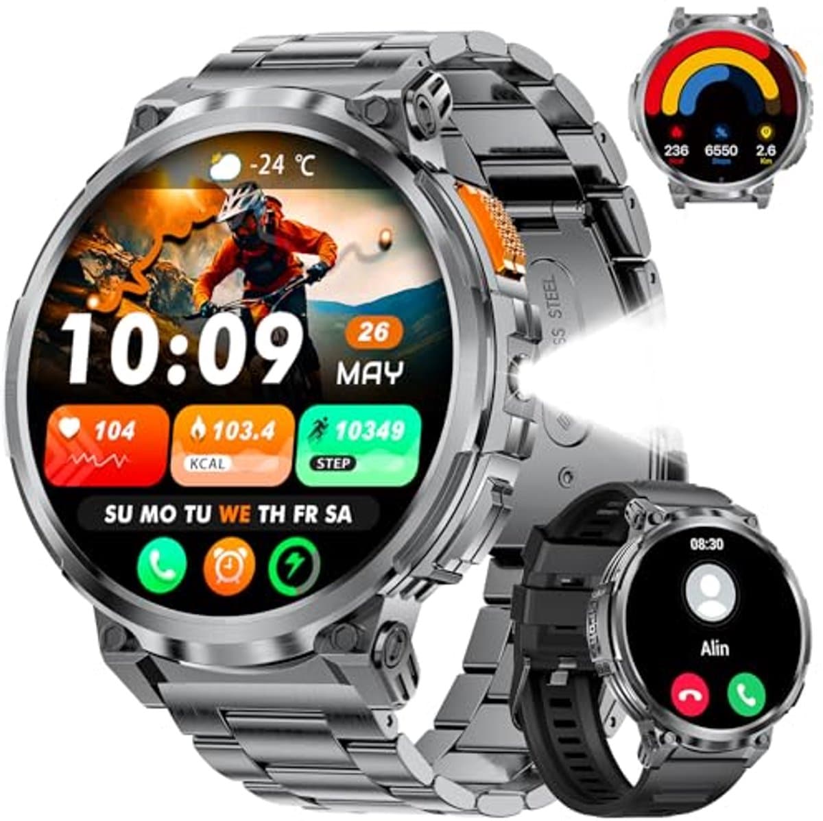 Onverwoestbare smartwatch voor heren met 1,85 inch HD scherm en 120+ sportmodi
