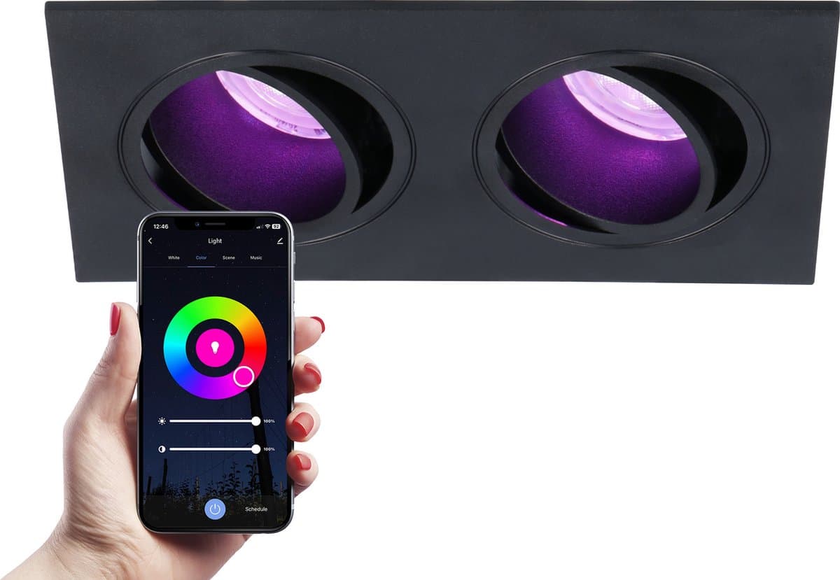 HOFTRONIC - Mallorca - Smart LED Inbouwspot Dubbel - RGBWW 16,5 miljoen kleuren - GU10 5 Watt 400 Lumen - Slimme plafondspots - Bedienbaar via stem