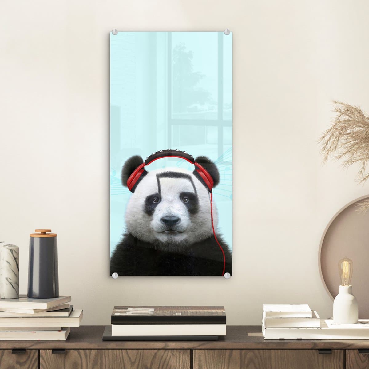 MuchoWow® Glasschilderij 20x40 cm - Schilderij acrylglas - Panda - Koptelefoon - Dier - Muzieknoten - Rood - Foto op glas - Schilderijen