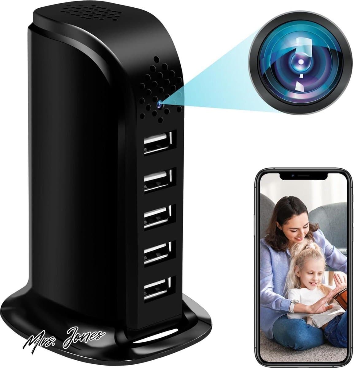 Mrs. Jones Verborgen Camera WLAN Spionagecamera 5 USB-poorten Wifi HD 1080P 24/5 GHz Mini WLAN Spionagecamera met Bewegingsdetectie en Loop-opname .