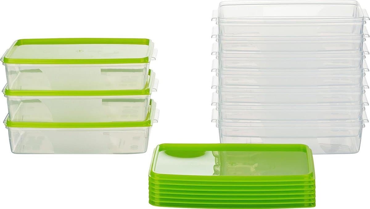 Vershouddoos vriesdoos rechthoekig plat 21 x 14 x 55 cm - 1 liter - set van 10 - groene deksels - kwaliteit Oostenrijk diepvriesdozen