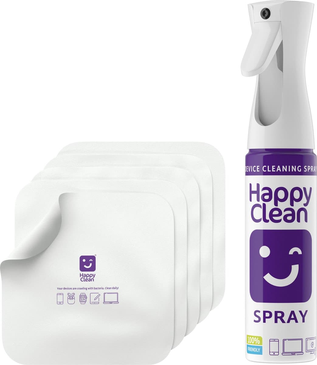 Happy Clean Screen Cleaner 300 ml + 5 Microvezeldoekjes 20x20 cm - Schermreiniger - Schoonmaakset voor Alle Beeldschermen en Devices