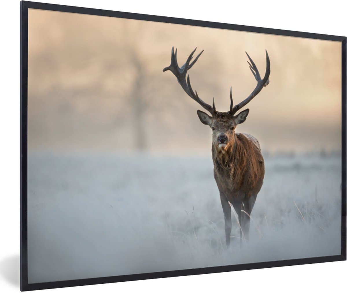 Poster in lijst - Fotolijst 90x60 cm - Posters - Hert - Natuur - Winter - Posterlijst zwart - Decoratie - Wanddecoratie woonkamer - Muurdecoratie slaapkamer
