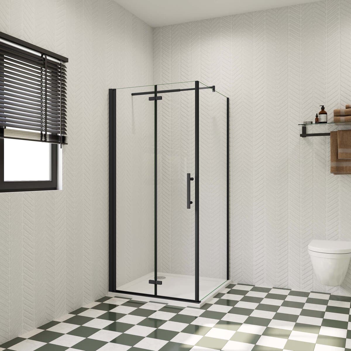 120x70x195cm douchecabine met inklapbare vouwdeur en vaste zijwand, 6mm helder EasyClean veiligheidsglas,mat zwarte aluminium frame, stabilisatiestang 70-120 cm