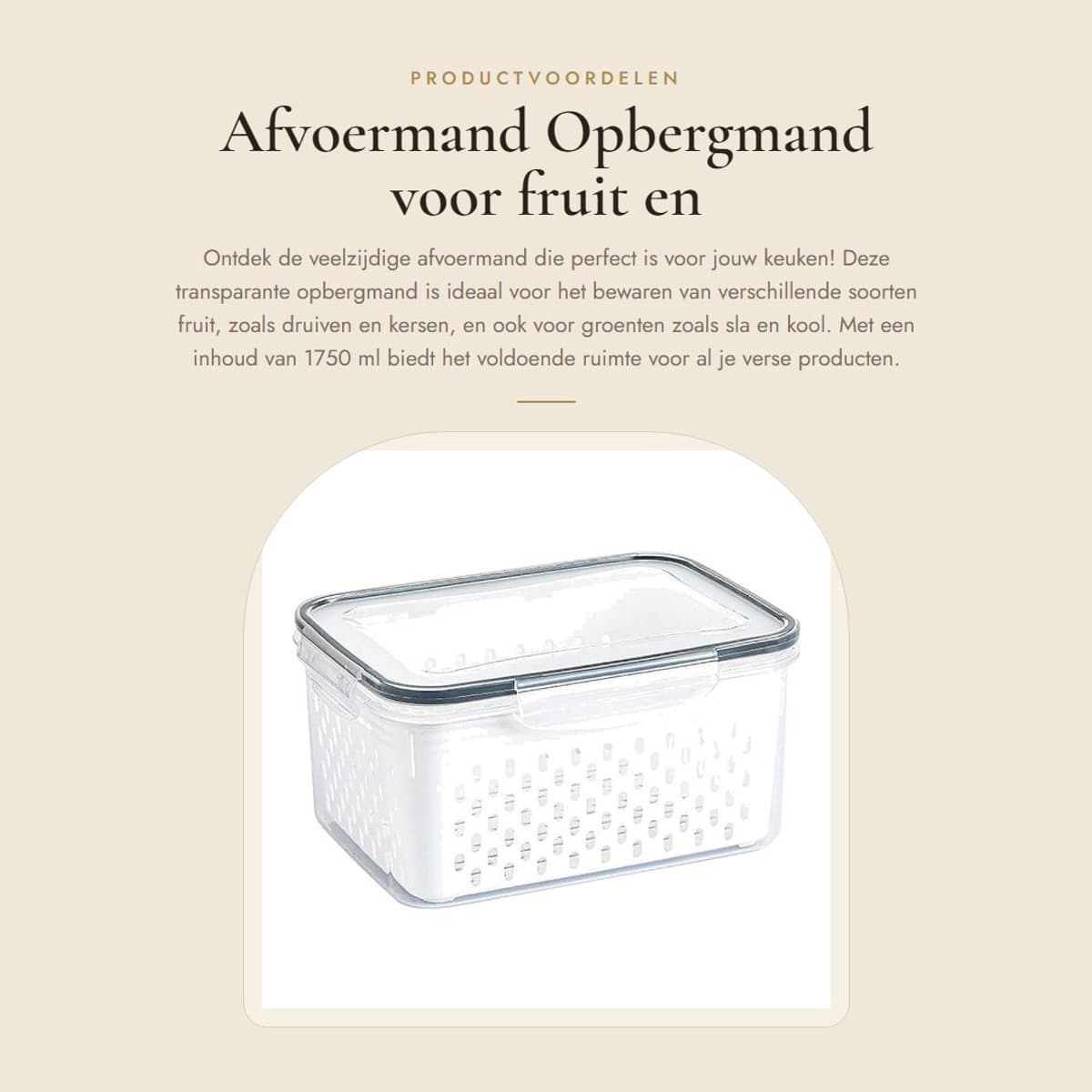 Dailygoods- Afvoermand 1750 ml - Transparante Opbergmand - Groente-/Fruitcontainer - Multifunctionele Keukenopslag - Efficiënt Afvoerontwerp - Hygiënische Bewaring - Opbergcontainer