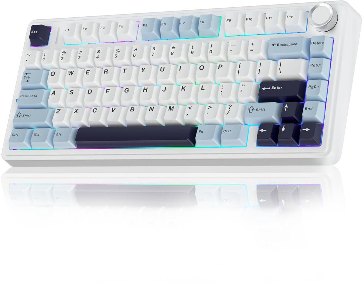 AULA F75 75% Draadloos Mechanisch Gaming Toetsenbord - Hot-swapbaar met Boterzacht Gevoel - Vooraf Gesmeerde Reaper Switches - 2.4GHz/Type-C/BT5.0 - RGB Achterverlichting - Wit & Blauw