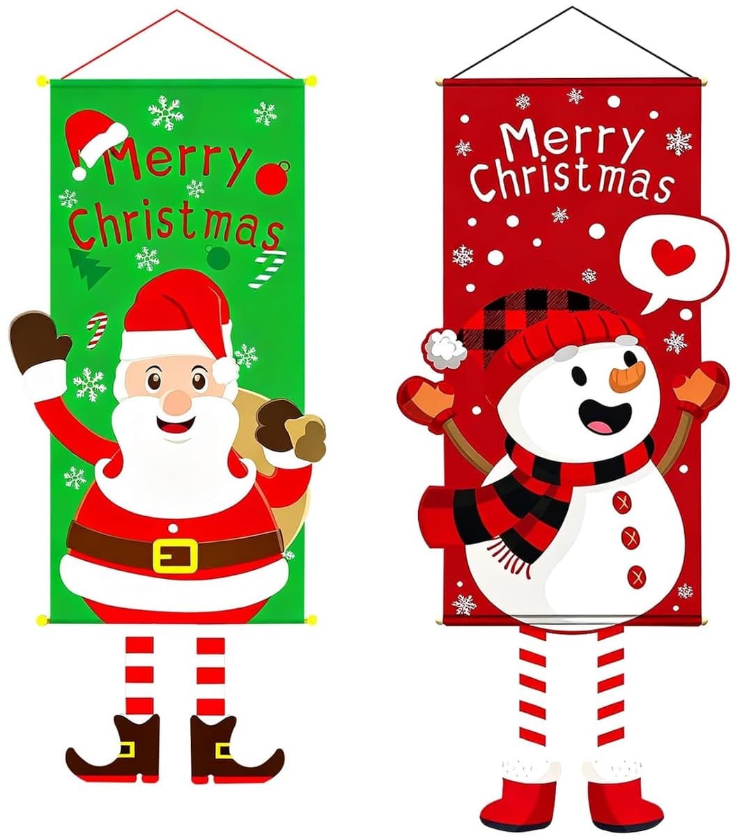 Merry Christmas Vlaggen Set, 2 Stuks Santa en Winter Snowman Buiten Vlaggen voor Tuin en Huisdecoratie, Feestelijke Versiering voor Kerstmis