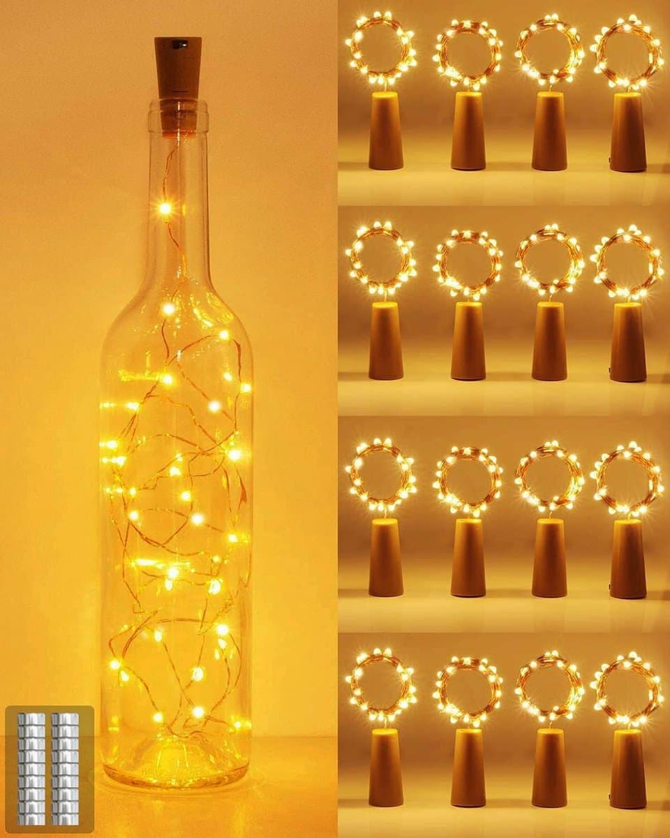 Flessenlicht op batterijen, flessenlichtketting met kurk, 2 meter, 20 LED's,voor buiten/binnen, decoratie voor feest, bruiloft, Kerstmis, warm wit, 16 stuks
