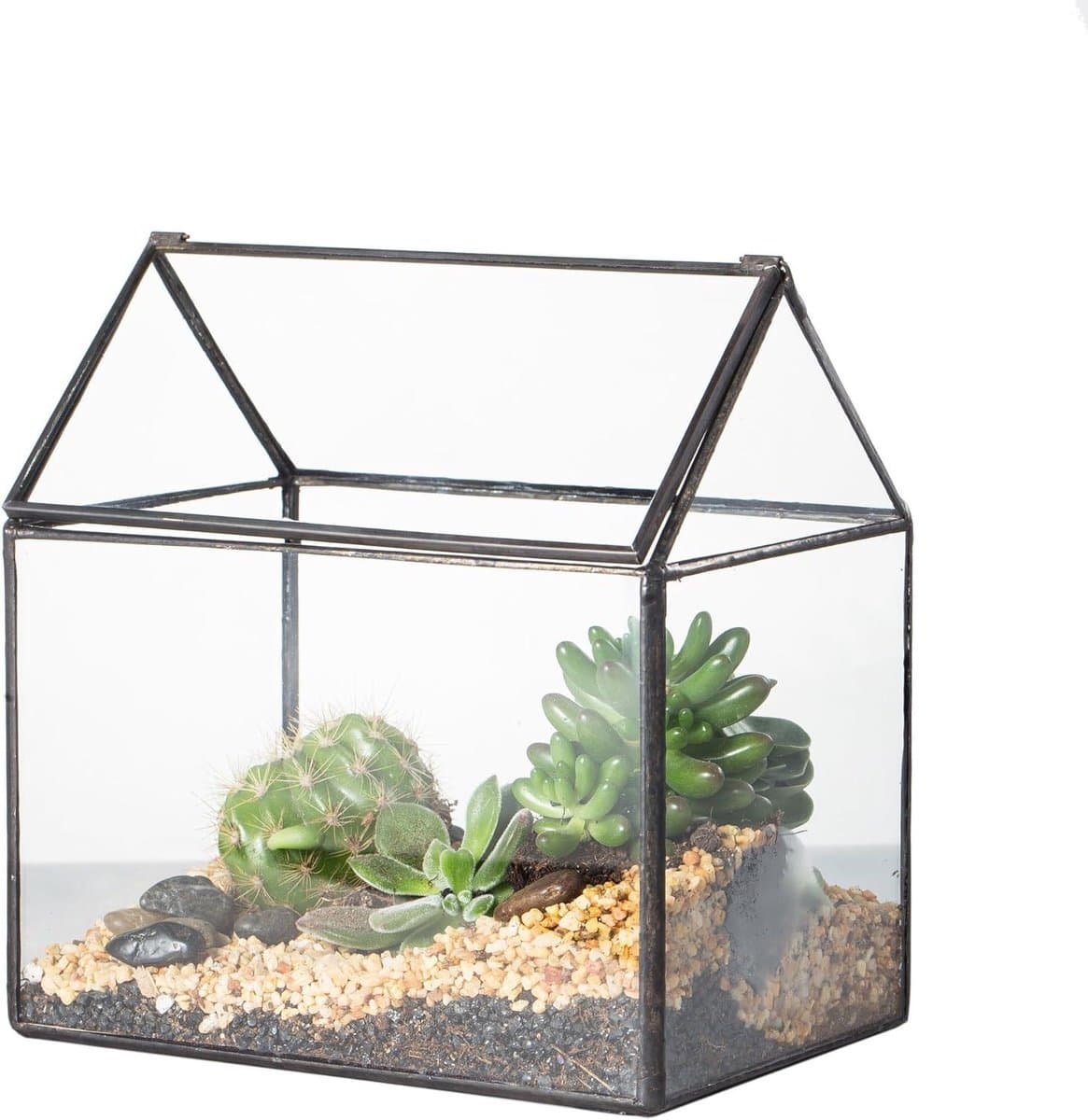 Klein terrarium - Plantencontainer huisvorm - Planten decoreren - Handgemaakt geometrisch glas - 155 x 11 x 16 cm - Transparant