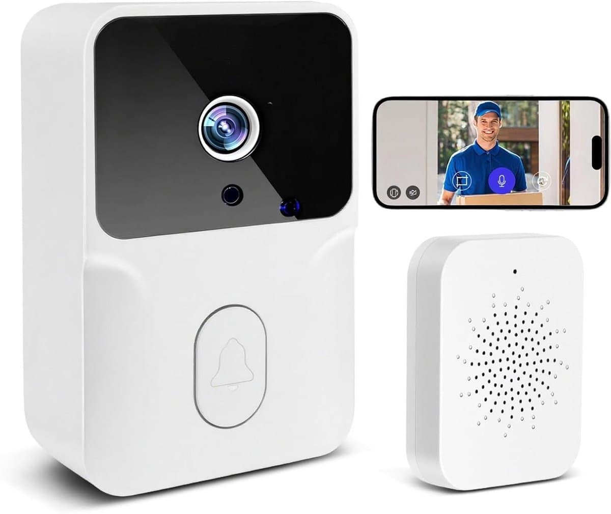 Videodeurbel Camera - Draadloze Deurbel - Beveiliging Huis - 100 Graden Zicht - 10.5 cm - Wit