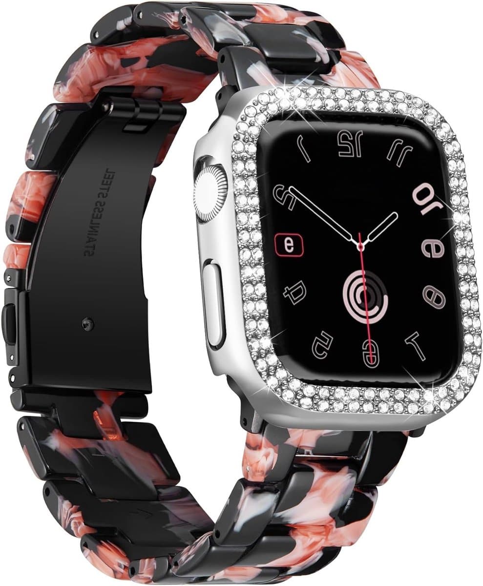 Elegante Harzband met Behuizing voor Apple Watch 40mm 41mm 44mm 45mm - Vervangband voor Series 9/8/7/SE2/SE/6/5/4 met Diamanten Accenten voor Dames en Heren