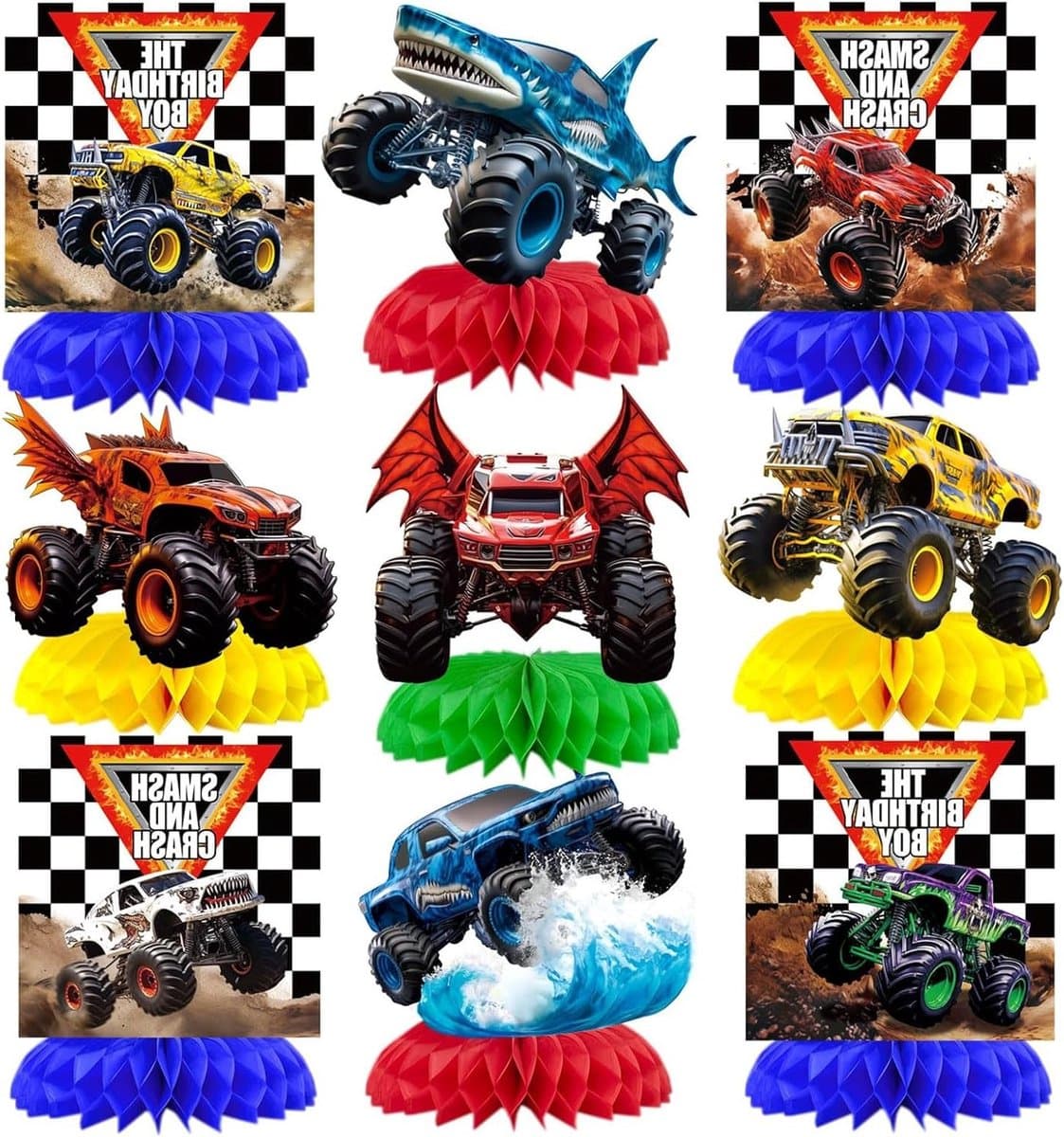Monster Truck Decoraties - Tafeldecoratie Set - Kinderfeestje Versieren - 9 Delige Set - 15 x 10 x 0.9 cm