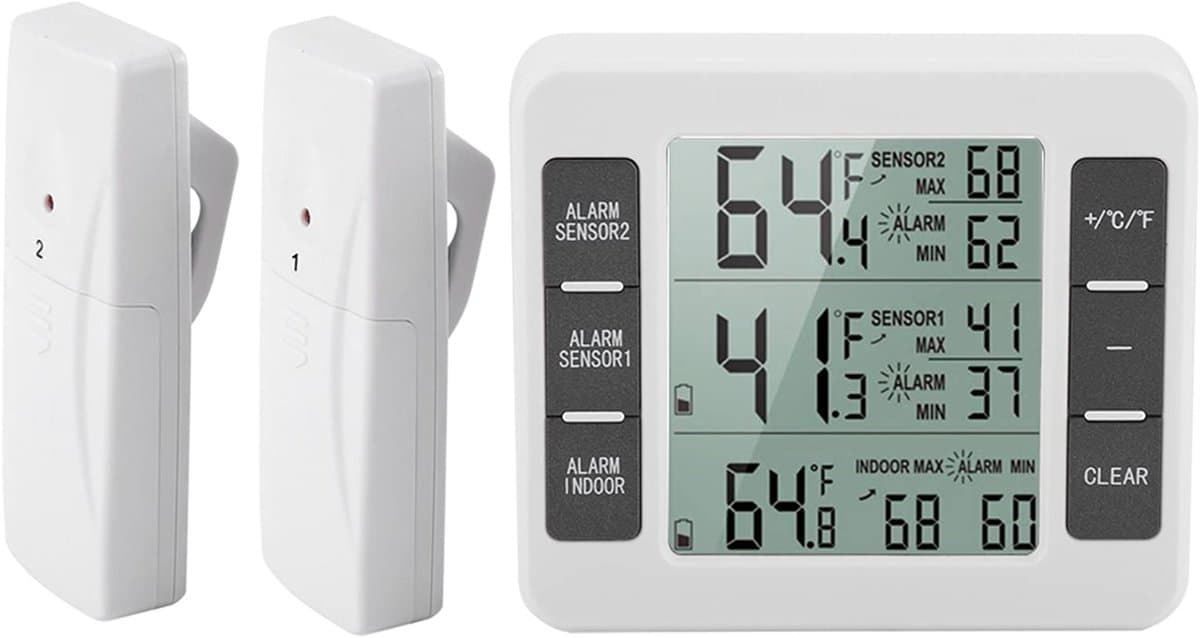 Dailygoods - Koelkastthermometer - Draadloze digitale display - Temperatuurmonitor - Vriezer thermometer - Min/max alarm - Geschikt voor koelkast en v...