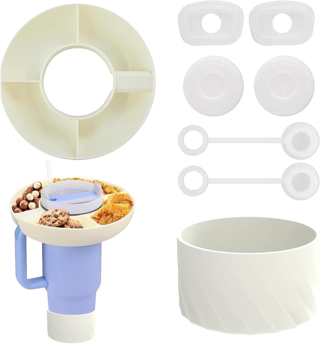 Snack Bowl Set met Beschermende Bodem en Rietstopper voor Tumbler en Snack Tablet, Silicone Snack Ring voor Thuis en Buitengebruik (Wit)