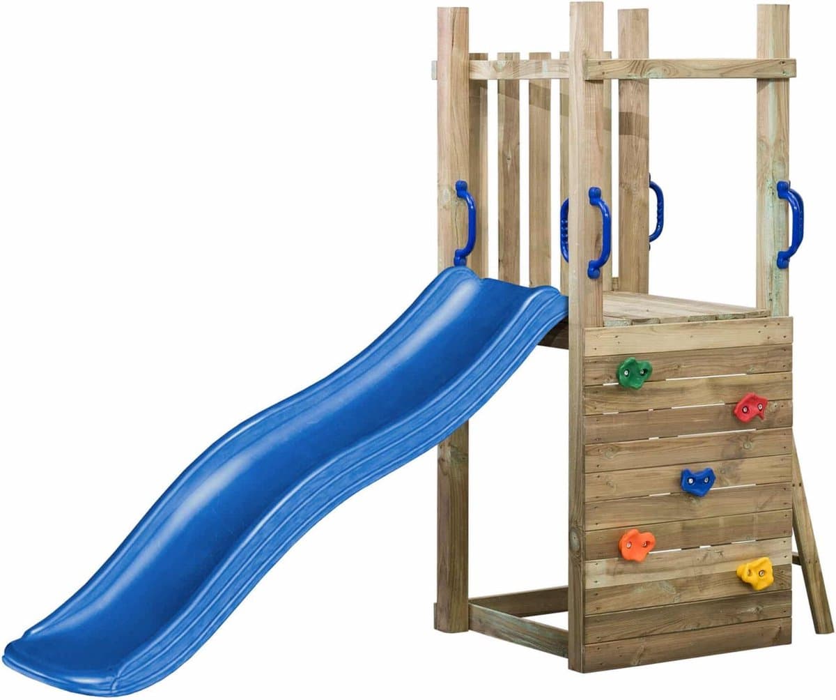 Houten speeltoren SwingKing Irma met 175cm glijbaan blauw