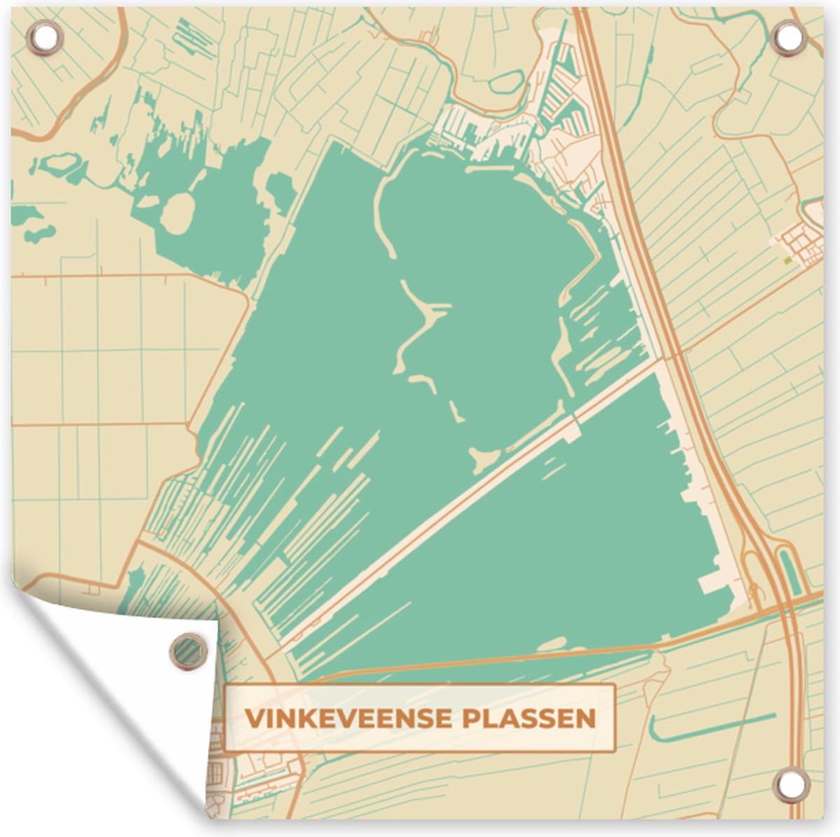 Tuindoek Vinkeveense Plassen - Kaart - Vintage - Stadskaart - Plattegrond - 100x100 cm
