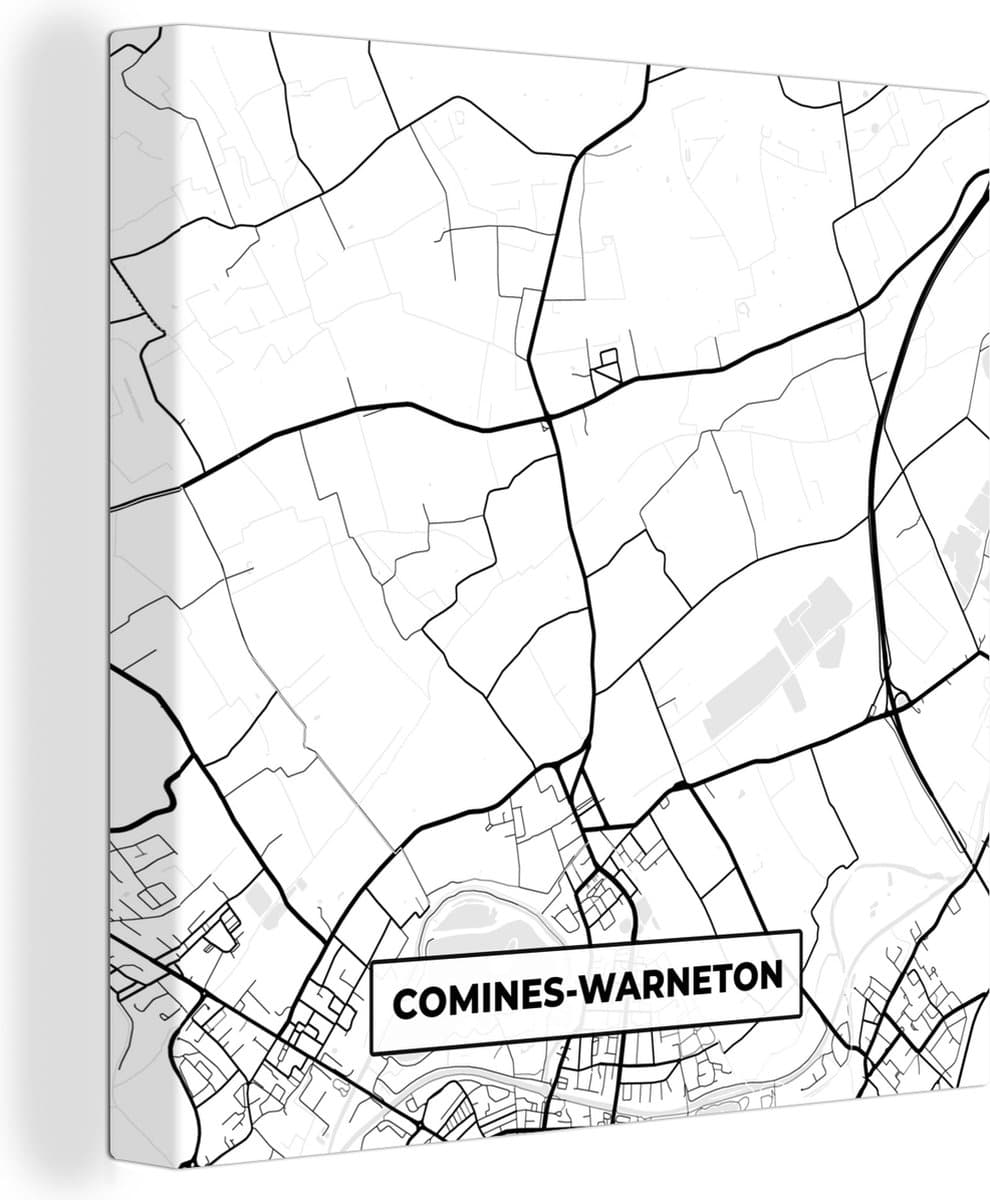 Canvas Schilderij Zwart Wit – België – Plattegrond – Stadskaart – Kaart – Comines Warneton - 20x20 cm - Wanddecoratie