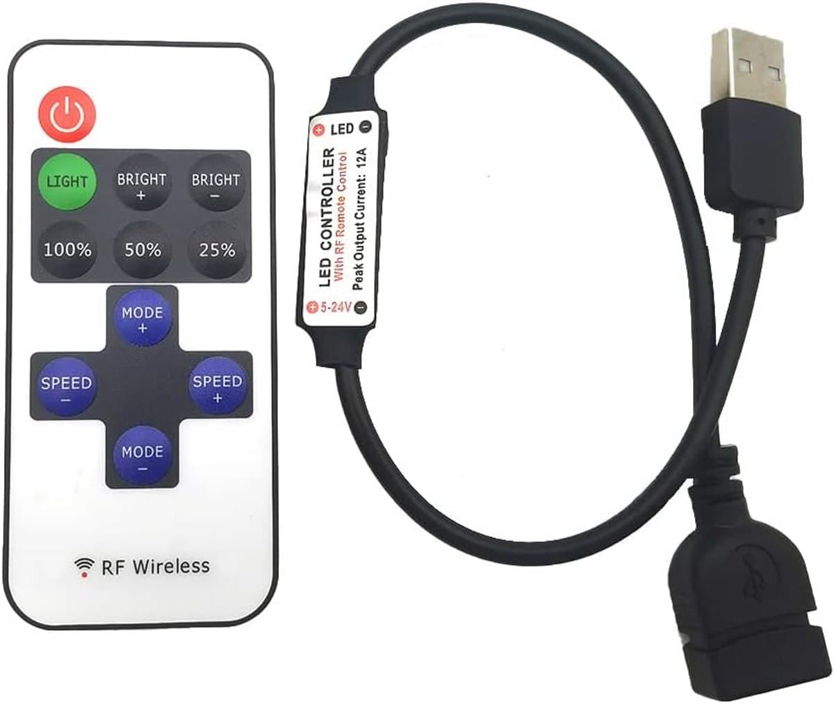 Dimbare USB LED Controller met RF Afstandsbediening voor 5V 12V 24V Enkelkleurige LED Strips