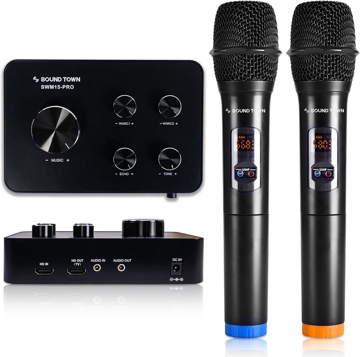 Draadloos Microfoonmixersysteem met UHF-ontvangst en 16 Kanalen, HDMI ARC, Bluetooth, Optisch, 3,5 mm voor Karaoke, Home Cinema, Smart TV, Tablet