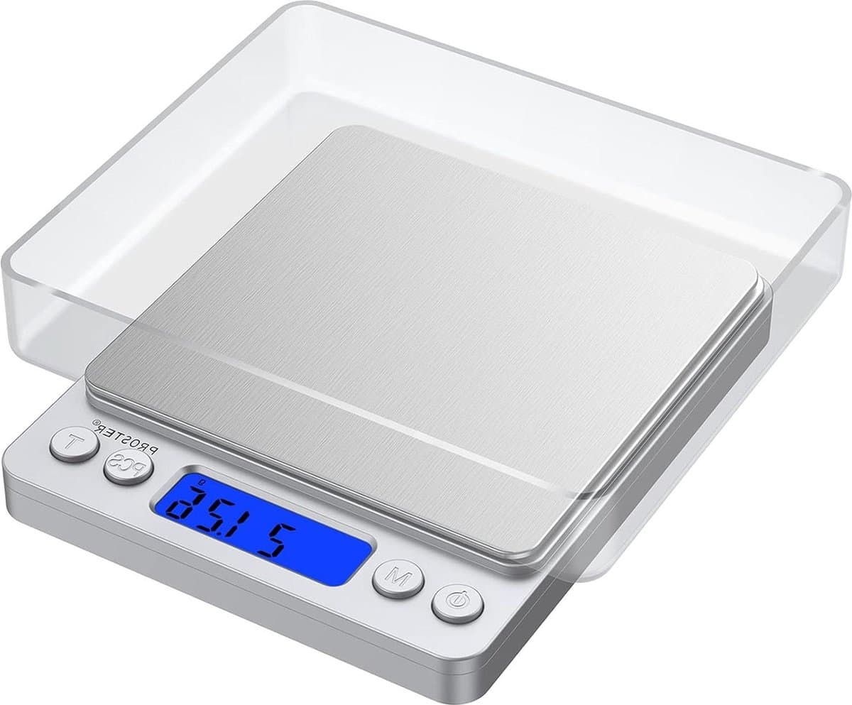 Digitale multifunctionele zak- en keukenweegschaal 001 - 500 g met LCD-display met achtergrondverlichting - precisie en 2 transparante tabletten