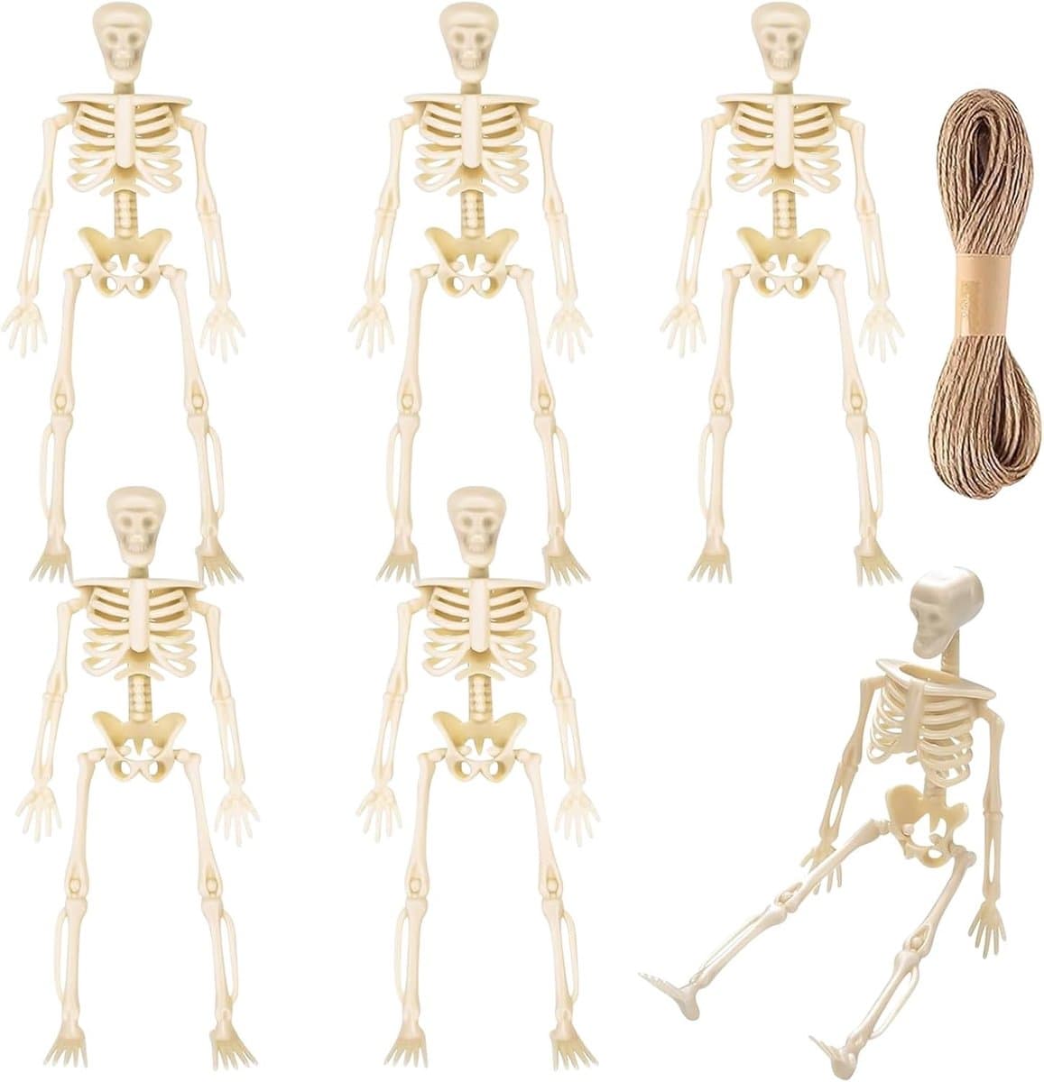 Mini Skelet Decoraties voor Halloween - 6 Stuks met 5M Jute Touw voor Horror Feesten en Spookhuizen