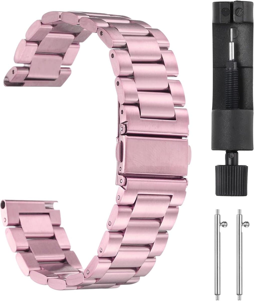Thijox - Roestvrij Stalen Horlogeband 20 mm met Vlindersluiting, Snelsluiting, Massief Staal, Elegante Ketting voor Smartwatches in Roze