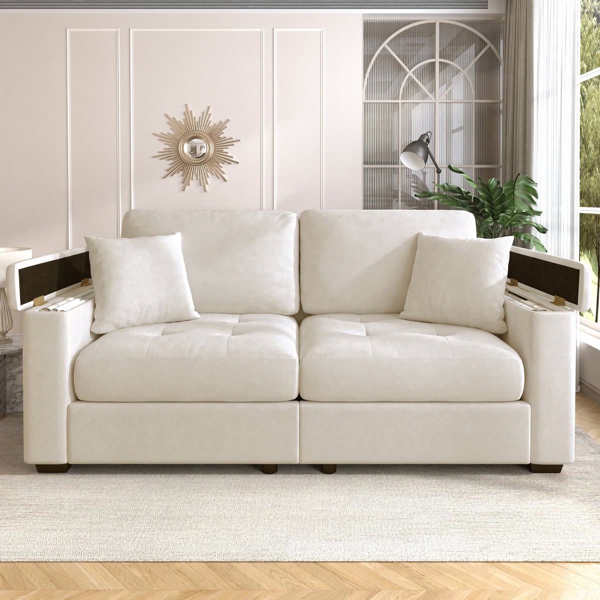 DESMIU Zitbank 180 Cm - Stauraum In Armleuning En 2 Kussens - Met Hoogdichte Schuimvulling - Voor Woonkamer En Kleine Ruimtes - Chenille - Beige