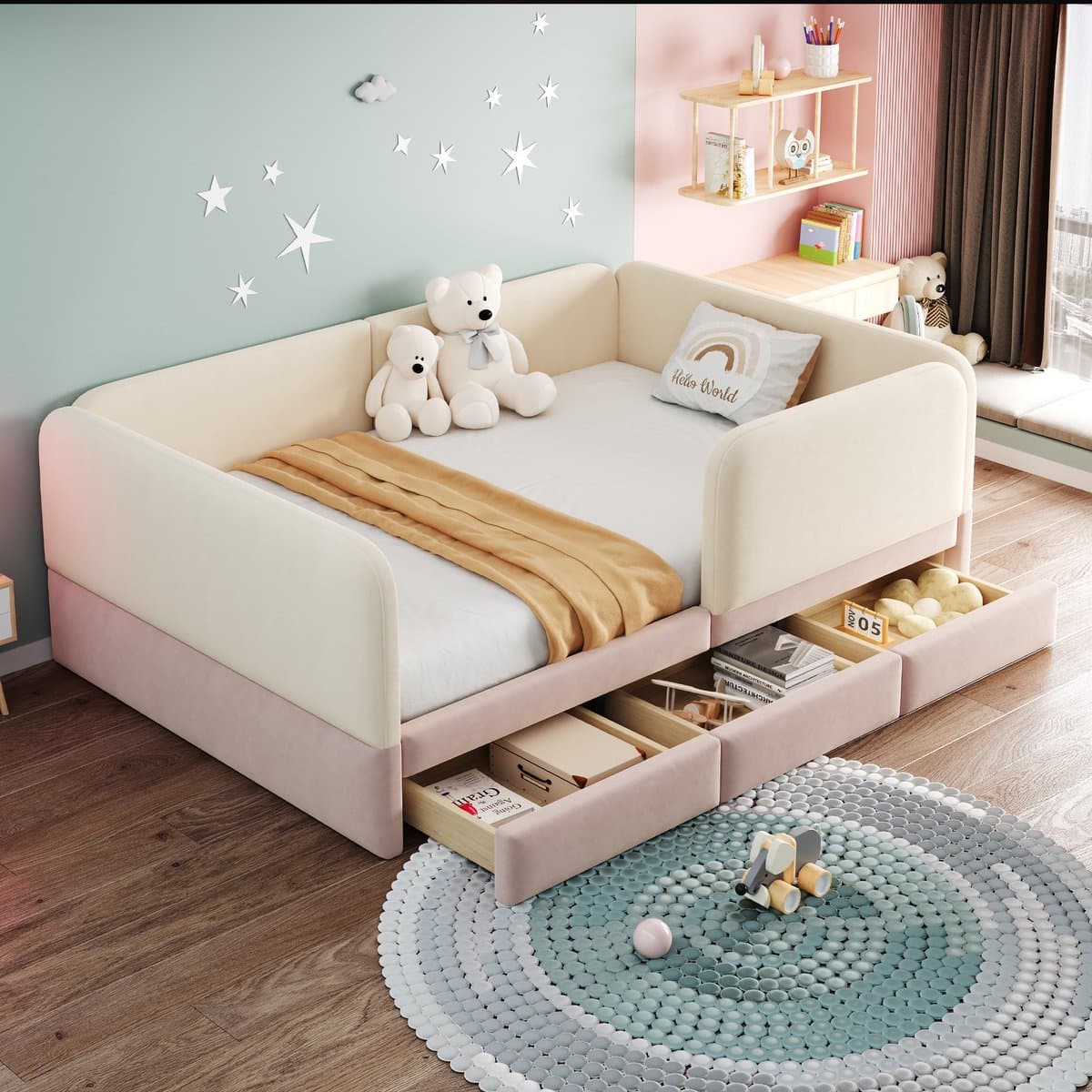 Gepolsterd Kinderbed 140x200 cm - Met Opbergruimte - Met Fluweel - Met Lades - Beige Roze