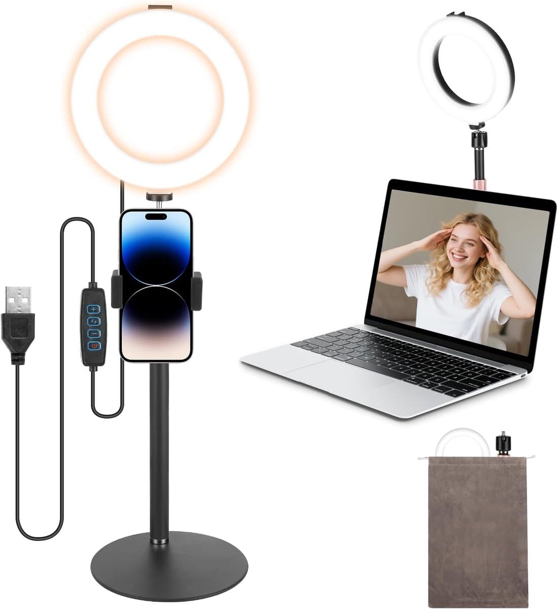 Ringlicht met Statief Handy Laptop Videoconferentie Licht met Klemme 6.3 Zoll