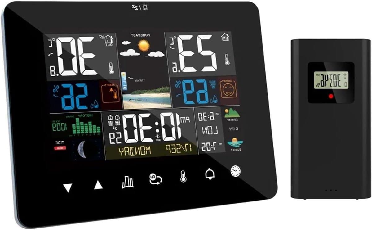 Weerstation met Kleurenscherm - Weercomputer Buitenmonitor - Weer Voorspellen - 6-in-1 Buitensensor - 60 meter bereik - Wit