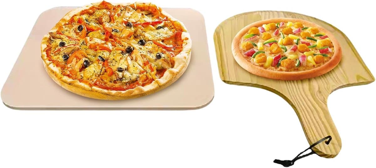 Pizzasteen Set - Bakplaat Cordieriet - Oven en Grill - Inclusief Houten Schep - 38 x 30 cm
