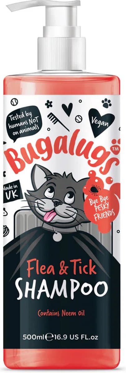 Bugalugs - Vlooien & teken kattenshampoo - Met neemolie - Alle vachttypes - Fles met pompje - Vegan - 500 ml