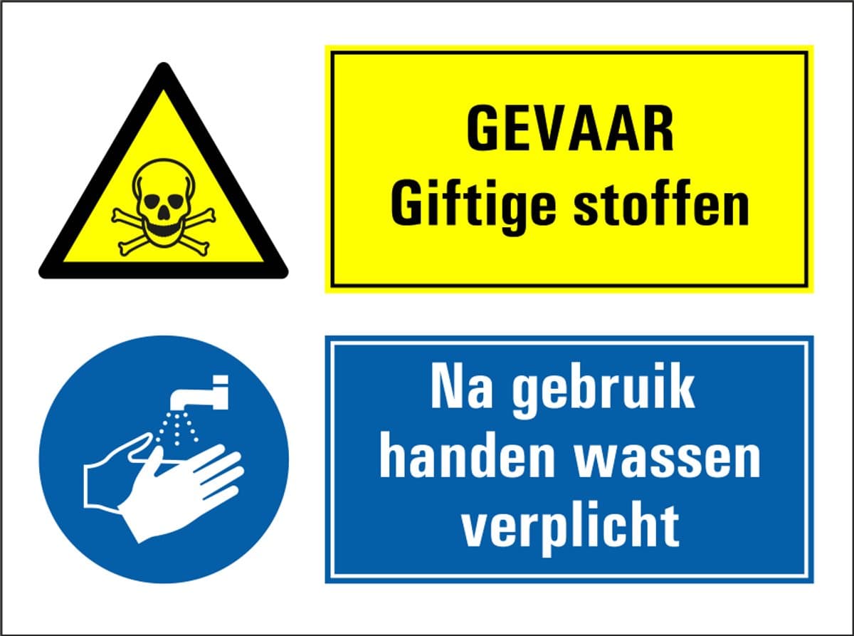 Gevaar giftige stoffen, na gebruik handen wassen verplicht sticker 280 x 210 mm
