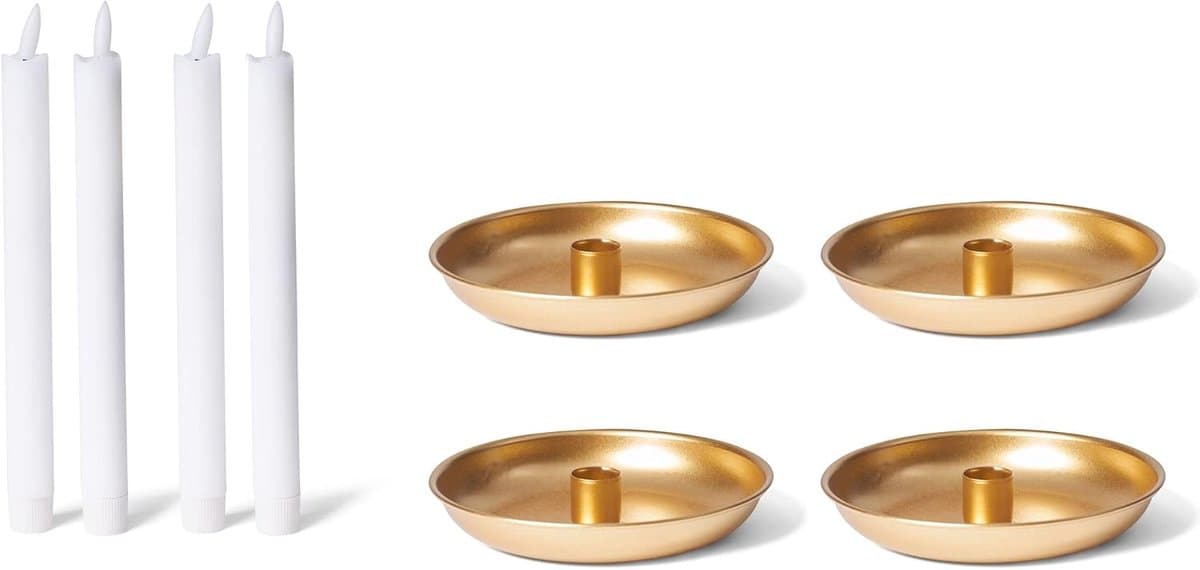 Kandelaarkaarsen set van 4 goud 18 cm met LED premium staafkaars echte was op batterijen elektrisch Adventskrans kaarsenbordje scandic chic kaarsenhouder stokkaarshouder kerst