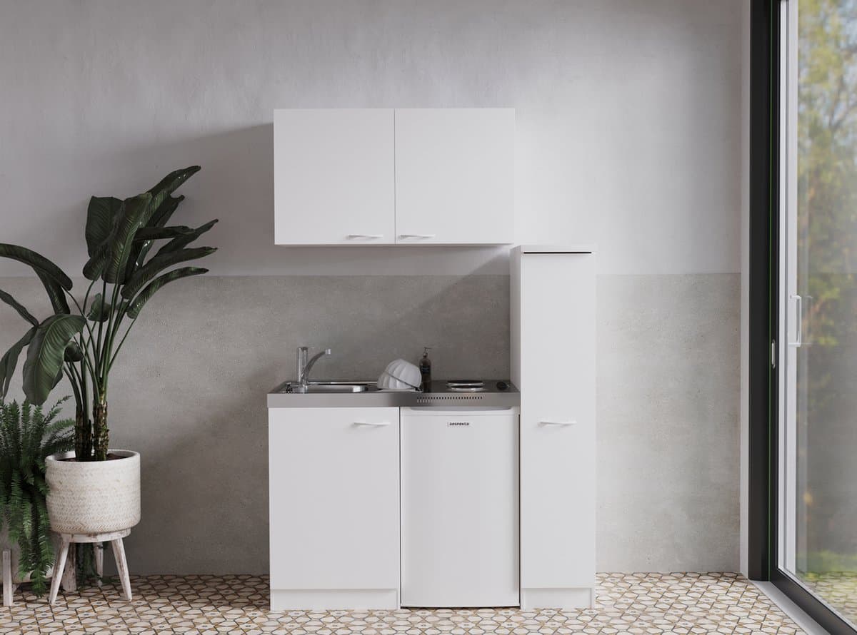 Goedkope keuken 130 cm - mini keuken met apparatuur Levin - Wit/Wit - elektrische kookplaat - koelkast - kleine keuken - compacte keuken - keukenblok met apparatuur
