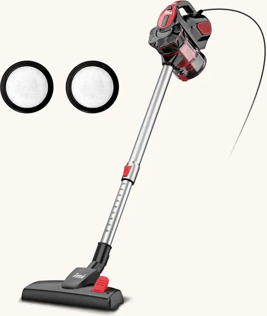 Inse - Steelstofzuiger met draad - 3 in 1 Stofzuiger zonder zak - Handstofzuiger met snoer en steel - 3 verschillende opzetstukken - 600W - Rood - 18Kpa