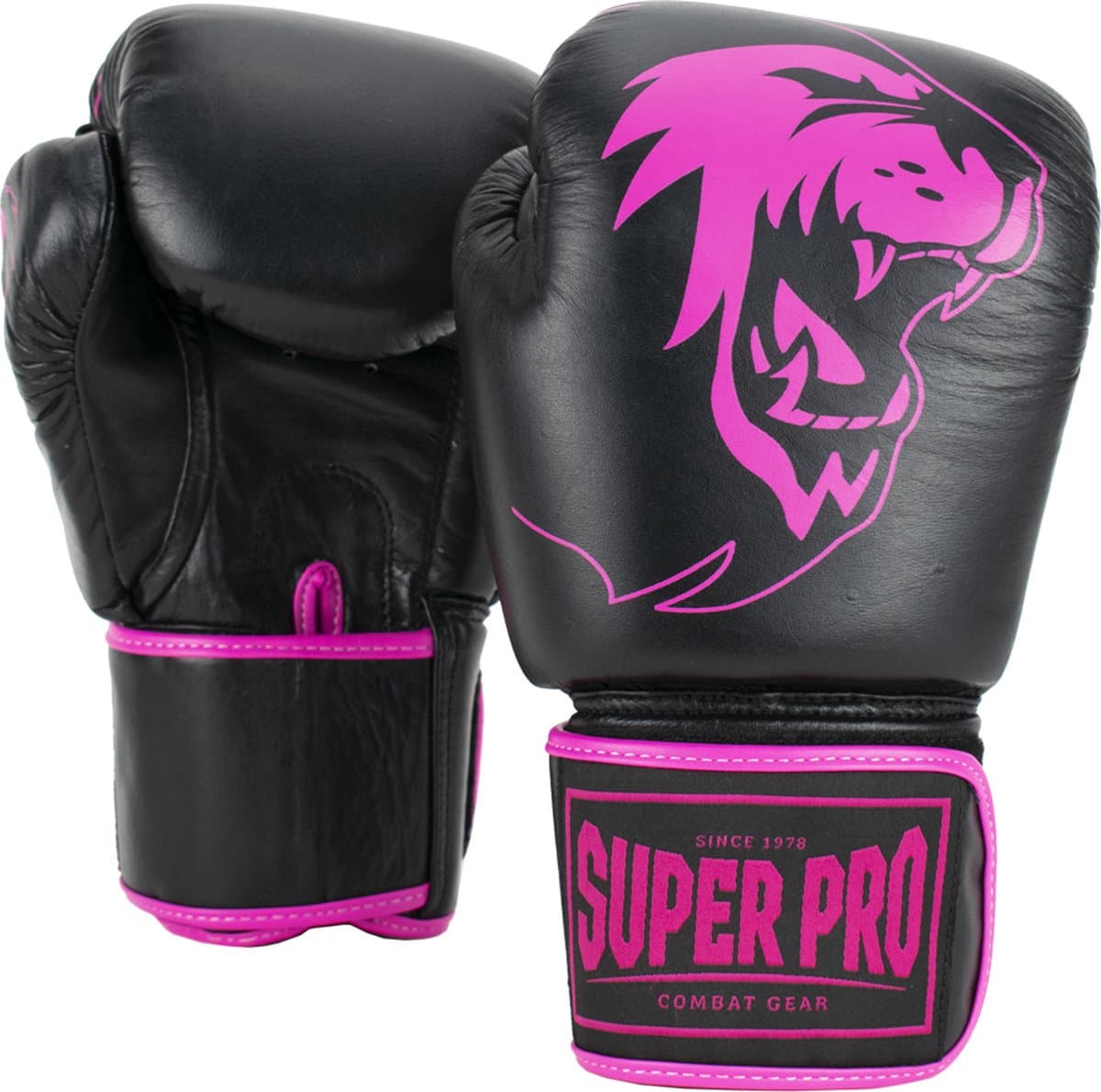 Super Pro Combat Gear Warrior Lederen (kick)bokshandschoenen Zwart/Roze 12oz