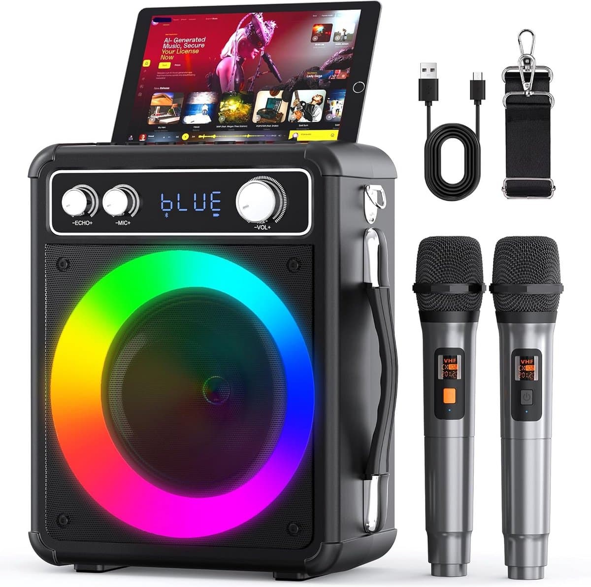 Draagbare Karaoke Luidspreker met 2 Draadloze Microfoons - PA-systeem voor Feest en Vernamingen