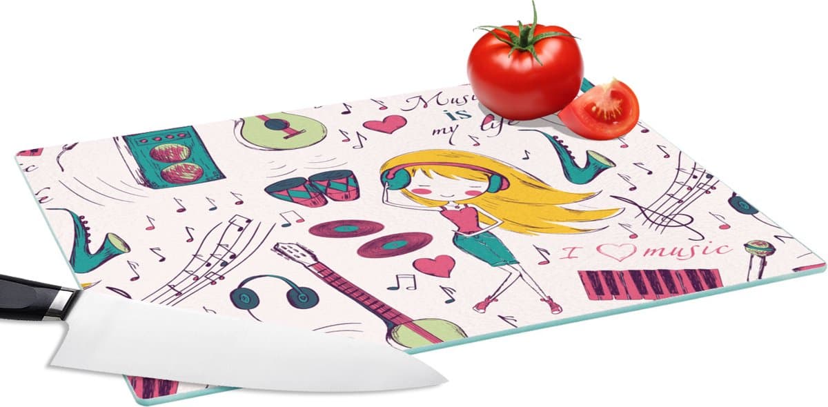 Glazen Snijplank - 39x28 - Meiden - Muziek - Koptelefoon - Patronen - Girl - Roze - Kinderen - Kind - Snijplanken Glas