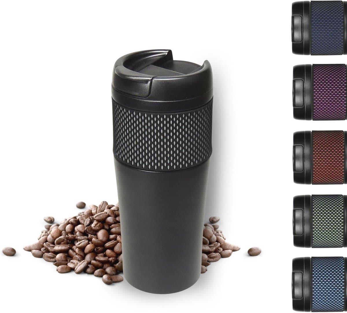 Grote thermobeker to go - dubbelwandige roestvrijstalen vacuümbeker - 500 ml reisbeker met deksel - zwart/grijs