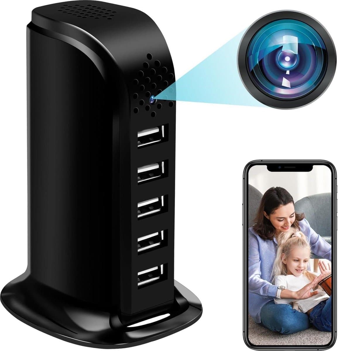 Verborgen camera met 5 USB-poorten wifi spionagecamera HD 1080P 24/5 GHz minicamera met bewegingsdetectie en loop-opname