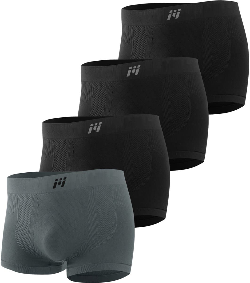 MEETHOO 4 Pack Sportondergoed - Sportonderbroek Boxer met 3D Technology - Kruipt niet op - Tegen schurende benen - Sport ondergoed mannen-3 Zwart + 1 Grijs-S