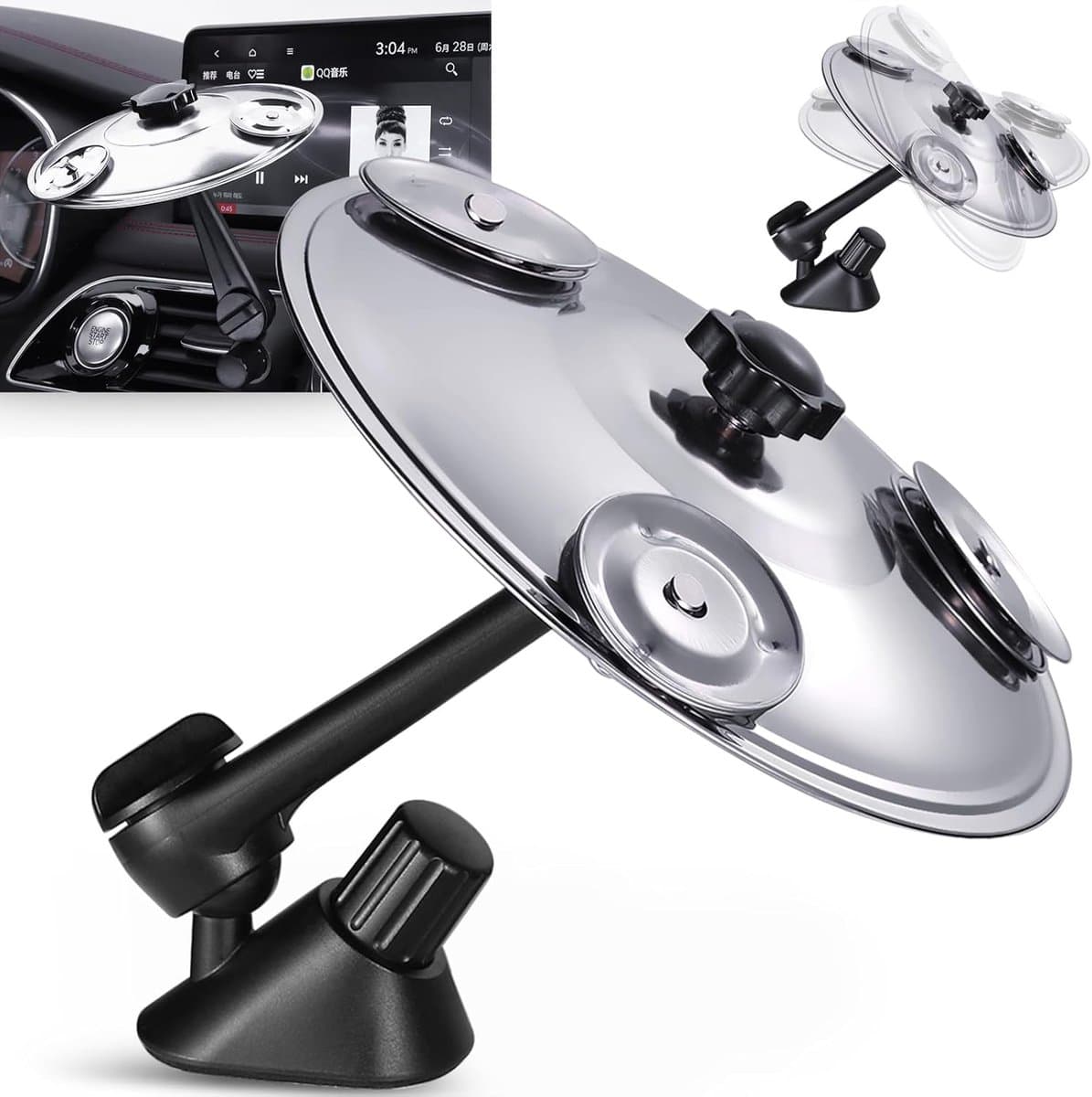 Autocrashbekken met 3 paar kleine bellen - Autocrashbekken - Handgeklapte percussiebekken - Mini Drumcrashbekken - Luchtrooster Leuke muziekgadget - Perfect voor bestuurders en drummers - Kraakhelder metaalgeluid - Zilver