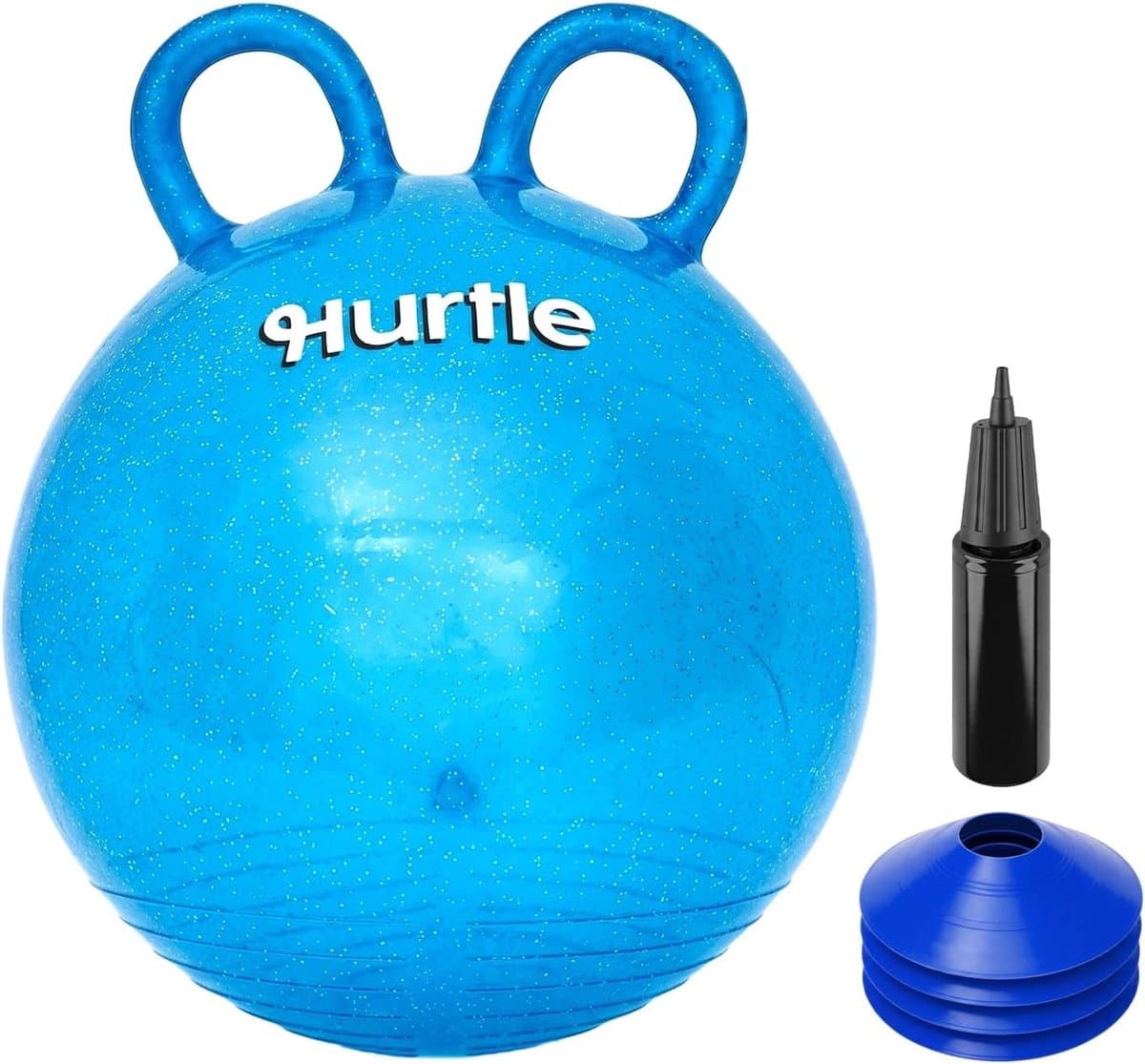 Hurtle Skippybal met Handvat - Glitter Springbal voor Kinderen 3-6 Jaar - Inclusief Luchtpomp en Pionnen - 46 cm - Blauw