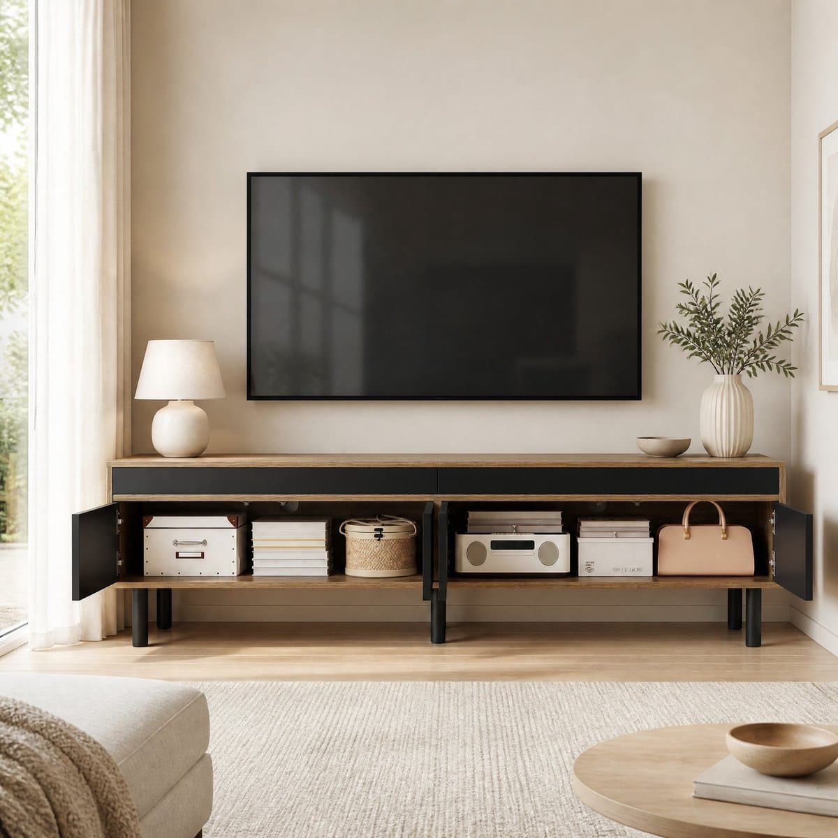 MEUNIQ TV-meubel 170 cm met 4 deuren, terugverende greeploze opening en kabeldoorvoeren voor woonkamer, zwart en naturel