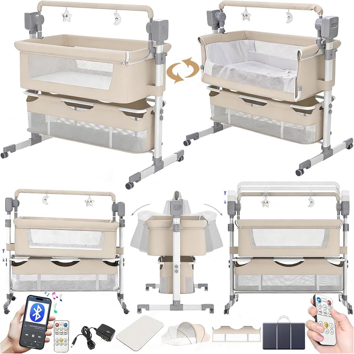 ZC Elektrische Bluetooth Smart Next to Me wieg, converteerbaar babybedje wieg, opvouwbare co-slaapwieg, babybedje met muziek, afstandsbediening en 5 zwenkwielen (601 beige)