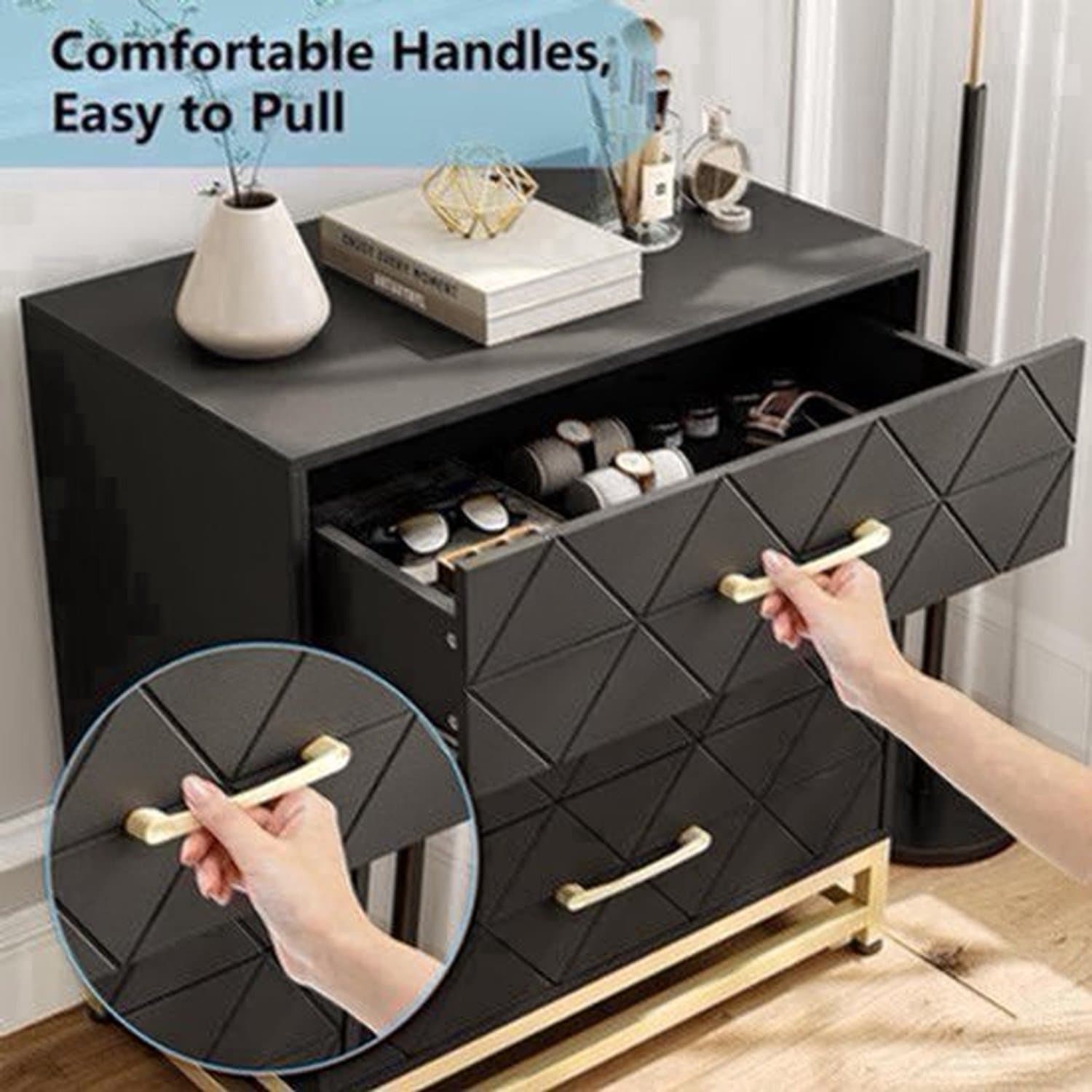 Ladekast – Dresser – Opslagkast – Kastenmeubel – Slaapkamerkast – Wit Met Gouden Accenten – 3 Ruime Laden – Duurzaam Metaal – 68,58 cm Hoog