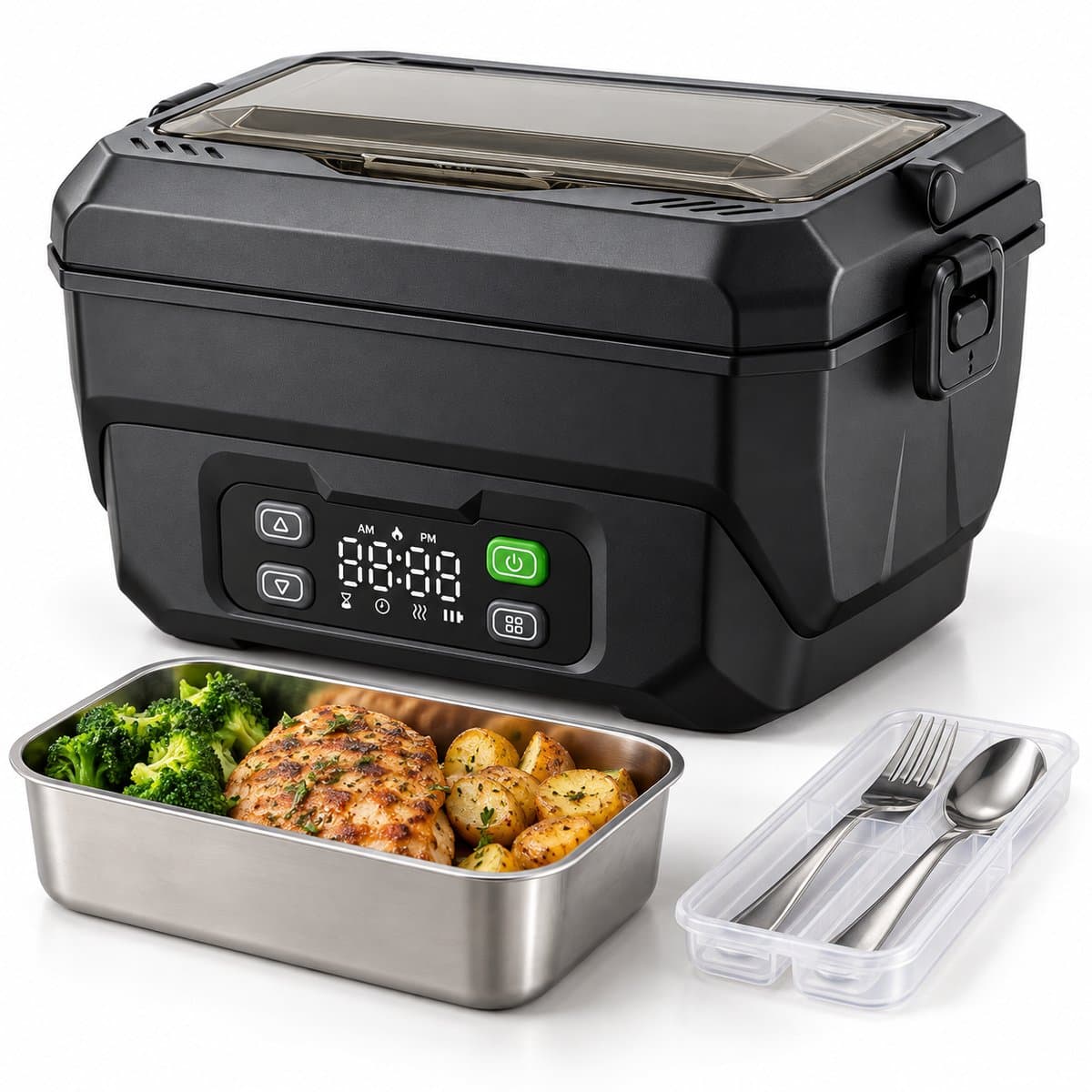 Nexeli NX-LB-03 Slimme Elektrische Lunchbox – Timer functie - 1500 ml inhoud – 100W – 22.500 mAh accu – Draadloos & Oplaadbaar – Verwarmde Smart Lunchbox – Warmhoudbox – Zwart