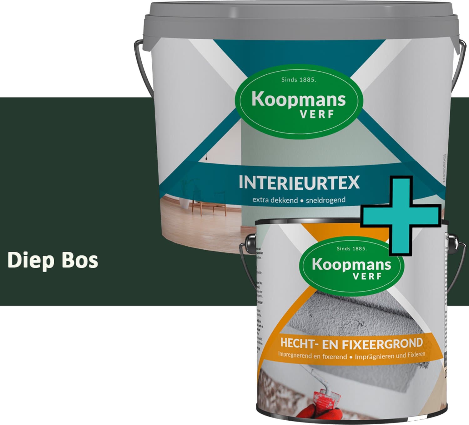 Koopmans Hecht- en Fixeergrond + Interieurtex Muurverf Set – Primer voor Zuigende Muren + Matte Muurverf Binnen- Diep Bos - 2x - 2,5 l
